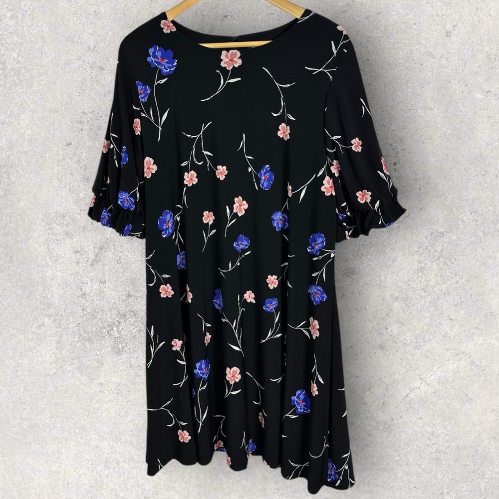 Ralph Lauren Dark Floral Shift Dress Womens Size 16 Ruffle Short Sleeves Boho
